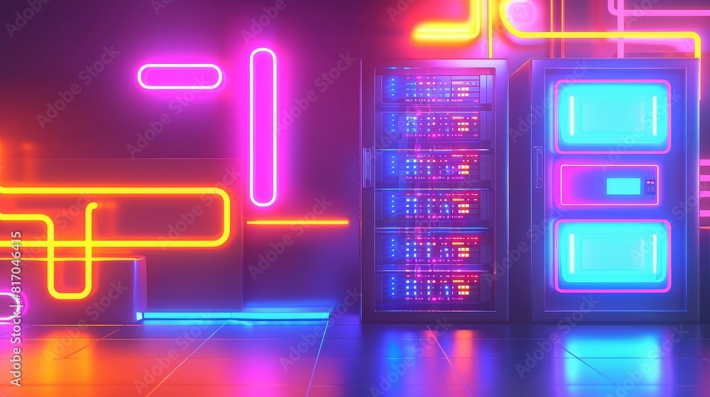 Data center, Data center aisle with server racks and LED lighting for a high-tech look, neon color Data center, Data center aisle with server racks and LED lighting for a high-tech look, neon color