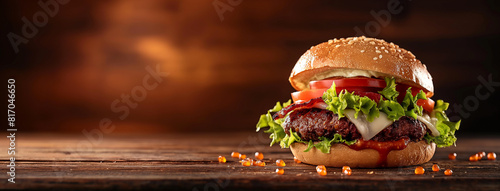 Restaurante que serve um delicioso hambúrguer suculento com bastante espaço para texto photo