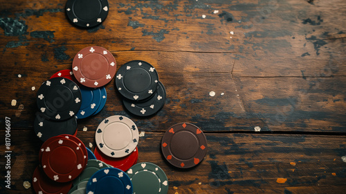 Uma variedade de fichas de pôquer estão espalhadas sobre uma mesa de madeira rústica, criando uma autêntica atmosfera de pôquer. O fundo lembra um cassino animado photo