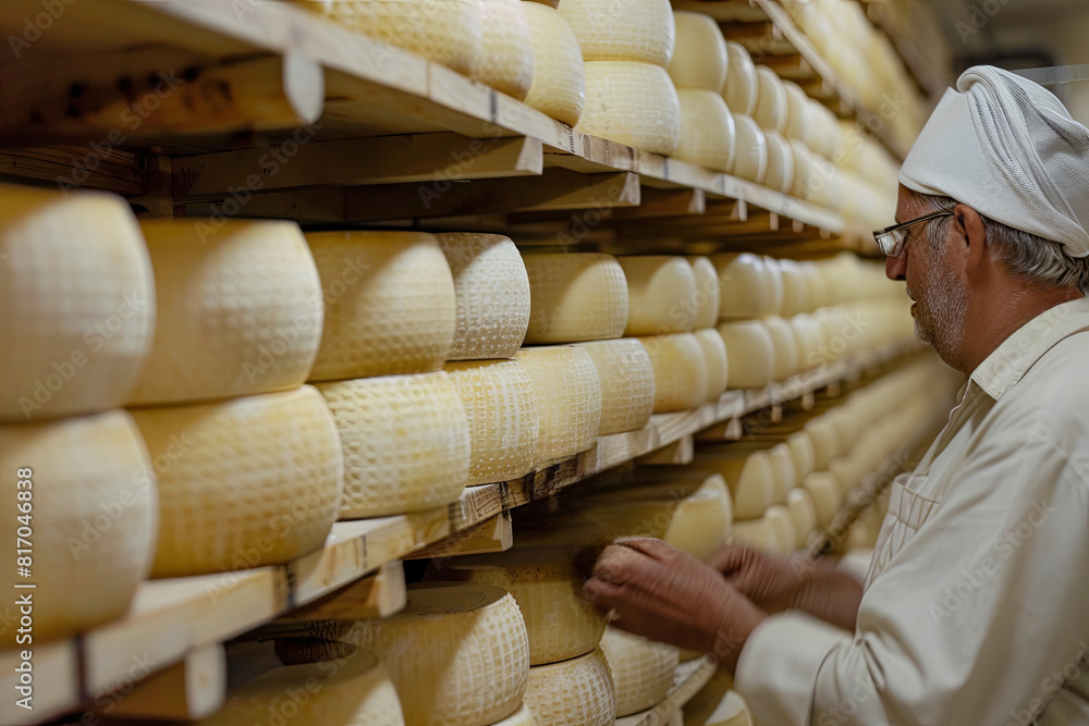 Cheesemaker is controlling the seasoning lots of wheels of parmesan cheese are maturing by ancient Italian tradition for many months on shelves of a storehouse in a dairy factory
Cheesemaker is controlling the seasoning lots of wheels of parmesan cheese are maturing by ancient Italian tradition for many months on shelves of a storehouse in a dairy factory
