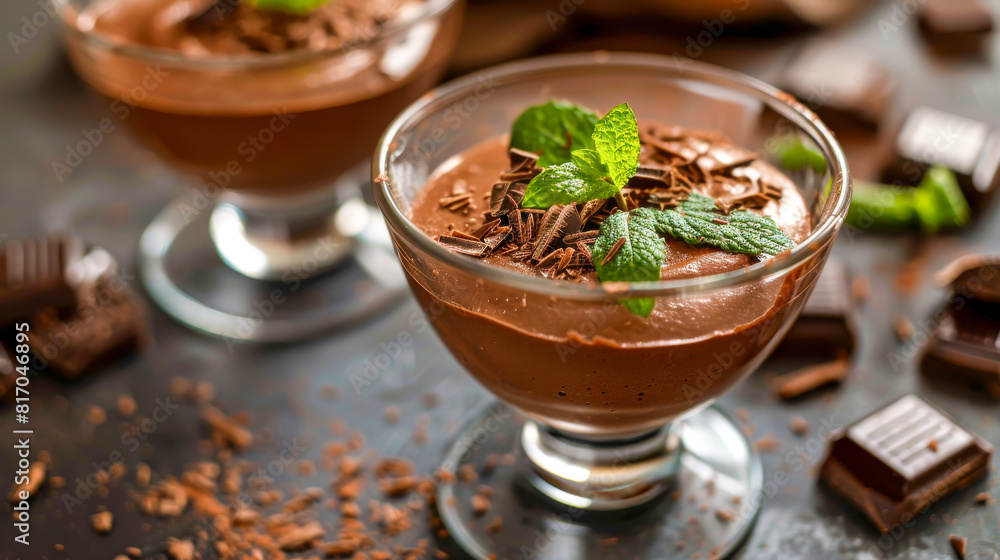 Two chocolate desserts with green mint leaves on top are served in glass bowls Two chocolate desserts with green mint leaves on top are served in glass bowls