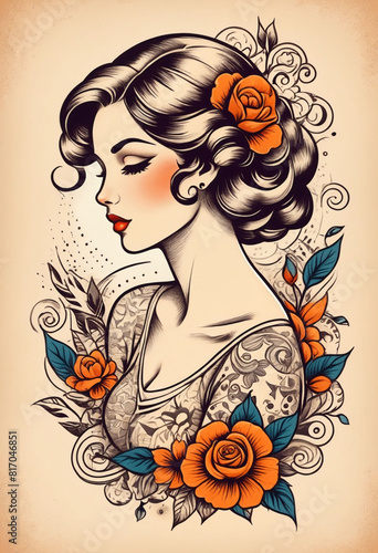 A lady woman tattoo texture design illustration  sketch vintage illustration