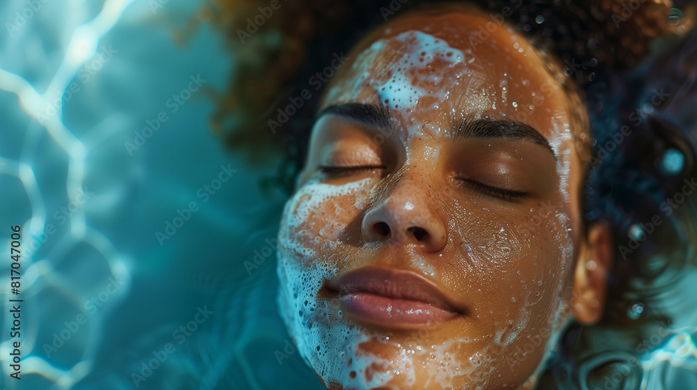 oung Woman Relaxing in Water with Bubbles on Face oung Woman Relaxing in Water with Bubbles on Face