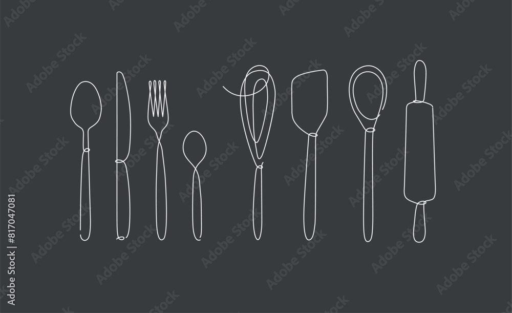 Kitchen appliances and cutlery spoon, fork, knife, teaspoon, whisk, rolling pin, spatula drawing in linear style on black background.