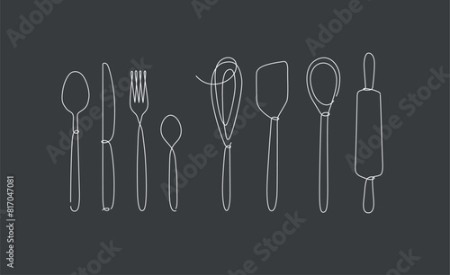 Obraz na płótnie Kitchen appliances and cutlery spoon, fork, knife, teaspoon, whisk, rolling pin, spatula drawing in linear style on black background. w salonie