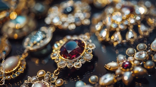 A detailed view of various precious jewels including diamonds, sapphires, emeralds, and rubies, showcasing their brilliance and intricate designs.