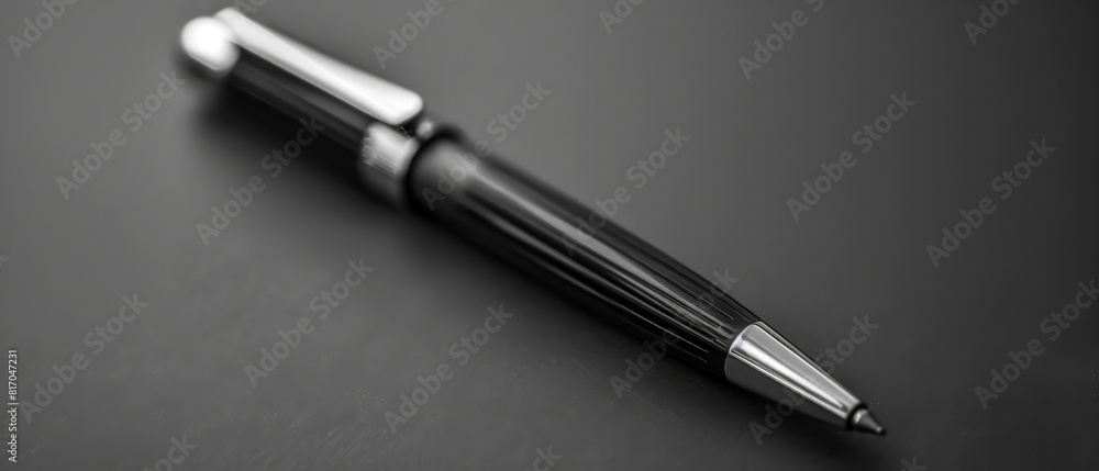 A black pen with a silver clip sits on a black surface A black pen with a silver clip sits on a black surface