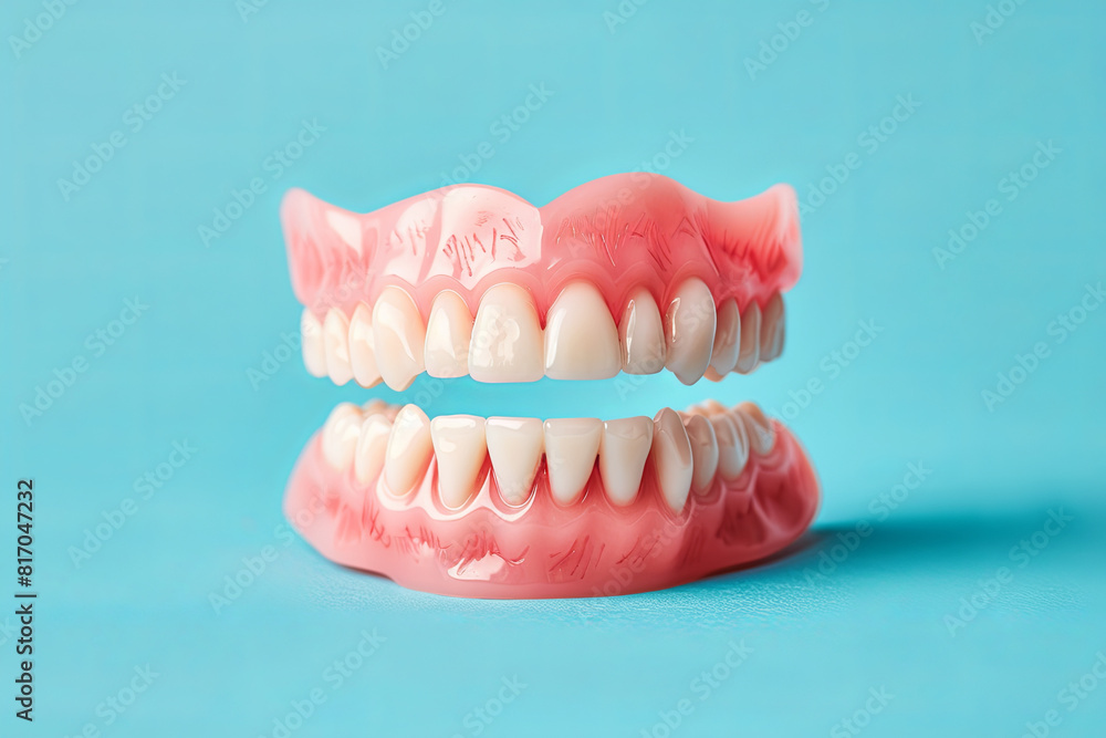 Obraz premium Close up , Complete denture or full denture on blue background 