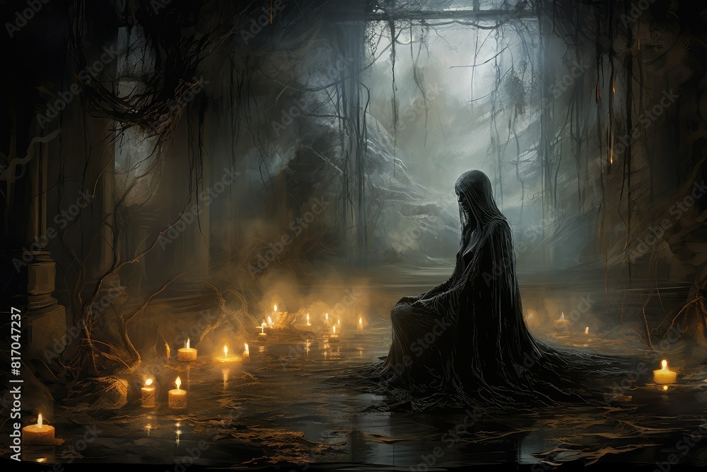 A person is seated in a dark forest, encircled by flickering candles. Generative AI A person is seated in a dark forest, encircled by flickering candles. Generative AI