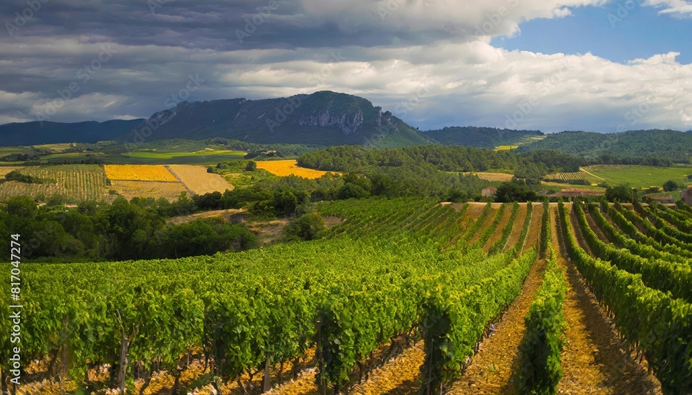 The striking beauty of the southern French landscape, with a vast vineyard spread over the hills
