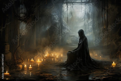 A person is seated in a dark forest  encircled by flickering candles. Generative AI