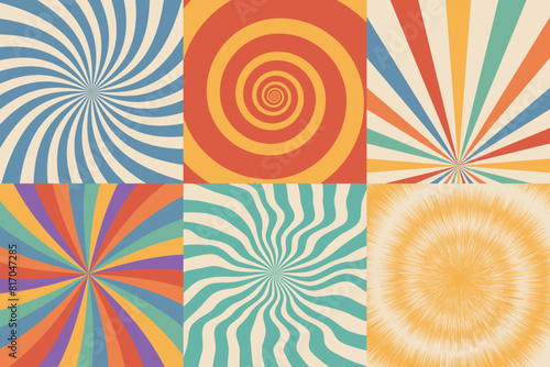 Swirl sunburst psychedelic retro abstract backgrounds 70s style set. Vintage spiral distorted ray patterns.