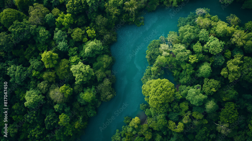 top view of green forest and blue winding river