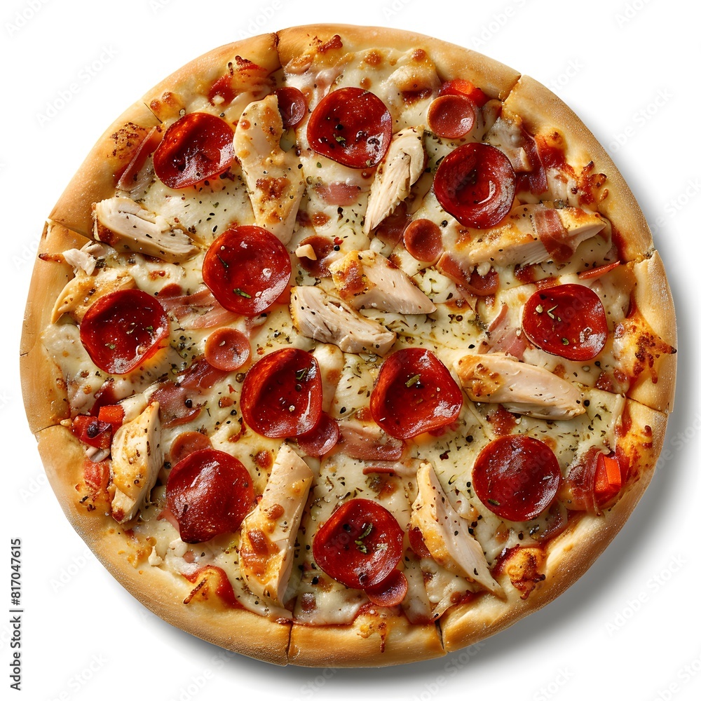 Pizza top view isolated - Mouthwatering pepperoni and chicken pizza ready to be enjoyed Pizza top view isolated - Mouthwatering pepperoni and chicken pizza ready to be enjoyed