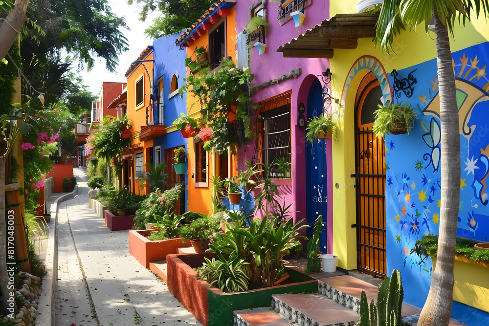 Naklejka premium A backstreet filled with lush greenery and colorful houses in various vibrant colors