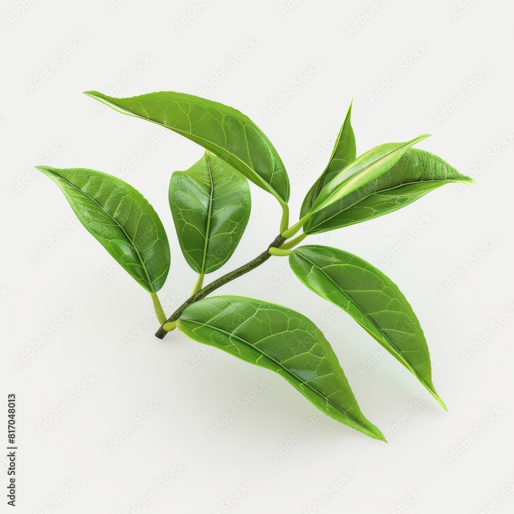 Obraz premium A single green tea leaf isolated on a plain white background