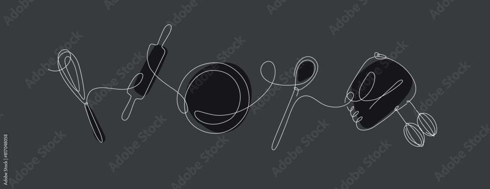 Kitchen tools whisk, spatula, plate, rolling pin silhouette drawing in linear style on black background