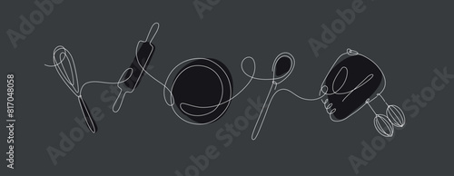 Obraz na płótnie Kitchen tools whisk, spatula, plate, rolling pin silhouette drawing in linear style on black background w salonie