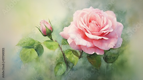 Watercolor painting of a delicate pink rose in full bloom against a soft green background