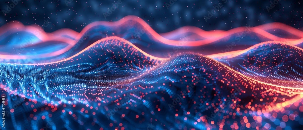 Create a 3D landscape consisting of blue and red glowing particles Create a 3D landscape consisting of blue and red glowing particles