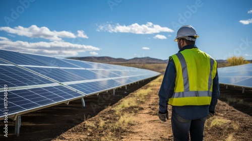 Engineer in hard hat inspecting large solar panels at a solar farm, wideopen landscape, sustainability in industry photo