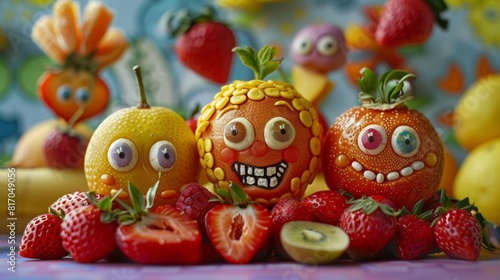 A series of fruits arranged to depict a facial expression, focus on, in a playful childrens book setting, whimsical, Multilayer, with cartoon illustrations in the background © sunchai