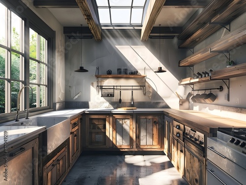 RusticModern Kitchen with Industrial Farmhouse Elements in Cinematic HighDynamicRange photo