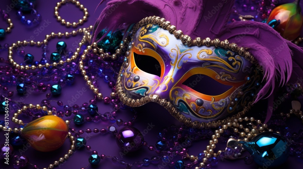 Mardi Gras carnival mask and beads