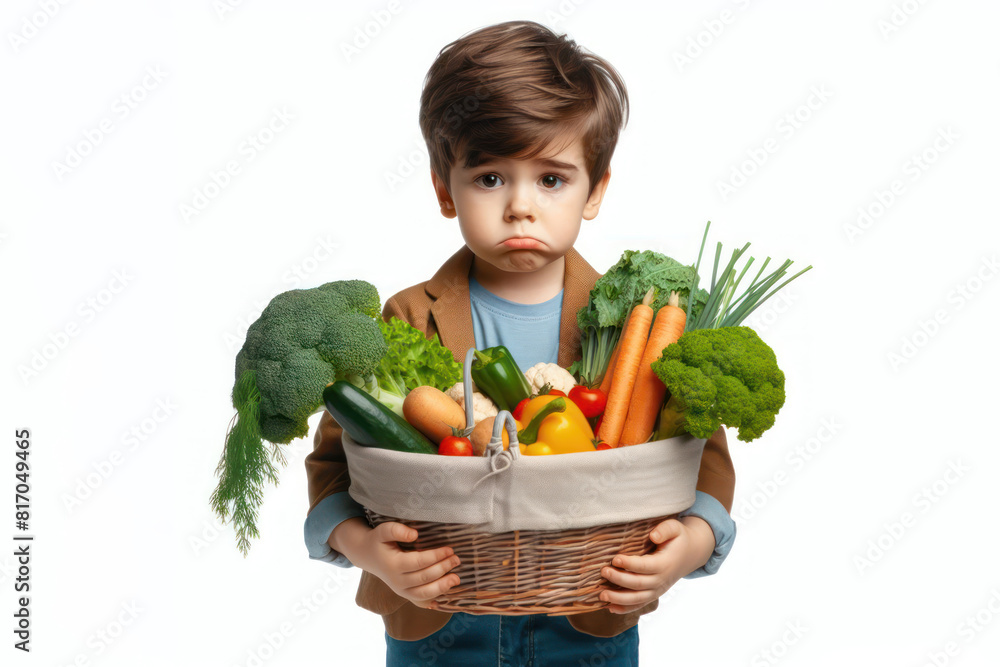 A small boy child carrying raw healthy vegetables looks unhappy Isolated on white background A small boy child carrying raw healthy vegetables looks unhappy Isolated on white background