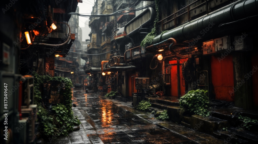 a narrow back street in an Asian densely populated city, on a cloudy evening in the rain