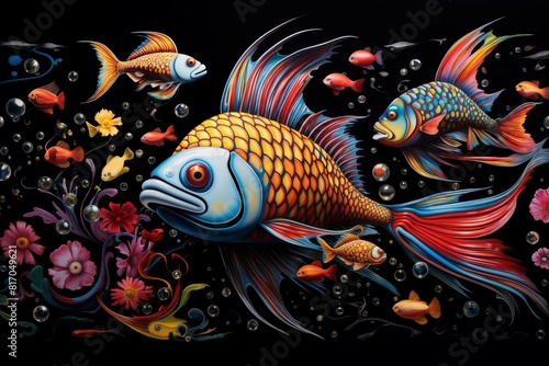 artistic drawing of shoal of fishes surrounded by flowers  bright and colorful paints on a black background