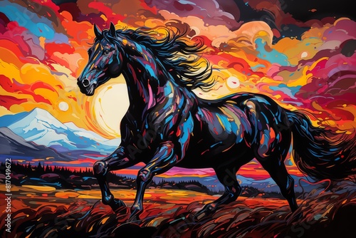 artistic drawing of a black horse galloping across a field against a background of mountains  bright and colorful paints
