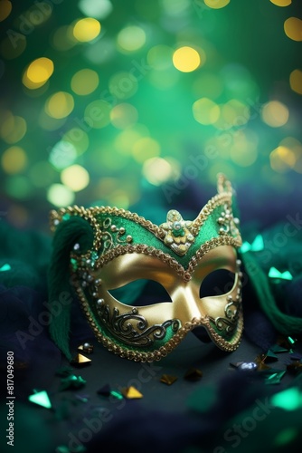 Mardi Gras carnival mask and beads on green background with bokeh lights