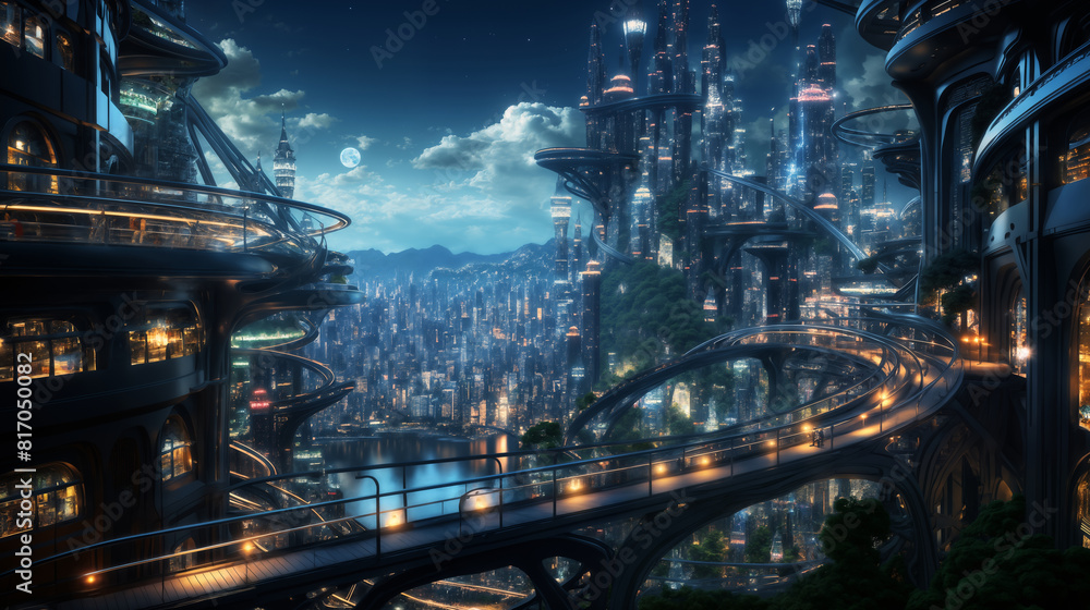Fototapeta premium futuristic city streets in the late evening, building exteriors and bridges, roads and transport against the background of mountains and lakes, integration with nature
