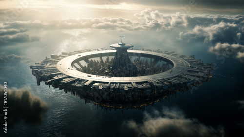 A futuristic metropolis soaring in the sky  aerial view  with ocean below  and blue sky and clouds on a bright day