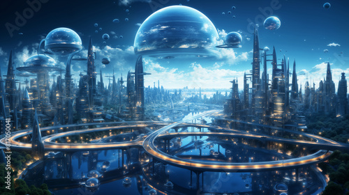 futuristic city streets in the late evening, building exteriors and bridges, roads and transport against the background of mountains and lakes, integration with nature