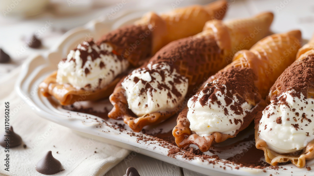 A plate of ice cream cones with chocolate and whipped cream on top A plate of ice cream cones with chocolate and whipped cream on top