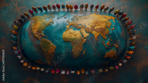Künstlerische Illustration der globalen Gemeinschaft mit bunten Figuren um eine Weltkarte, Konzept für Weltbevölkerung und kulturelle Vielfalt