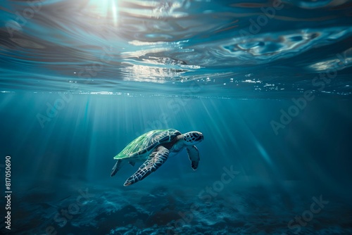 Long shot of a sea turtle in the ocean. photo