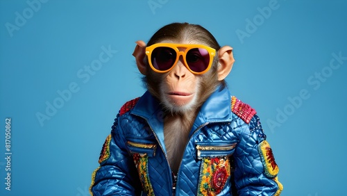 Funny monkey wearing sunglasses and jacket  isolated on blue background