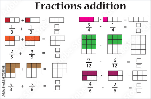 Fractions addition, Add two fractions and write the answer in the box.
