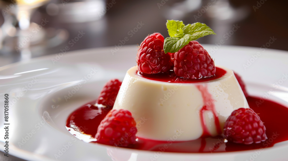 A dessert with a raspberry sauce and a garnish of fresh mint leaves A dessert with a raspberry sauce and a garnish of fresh mint leaves