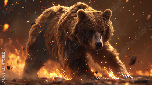 A bear walks through a forest on fire. Scene is one of danger and destruction