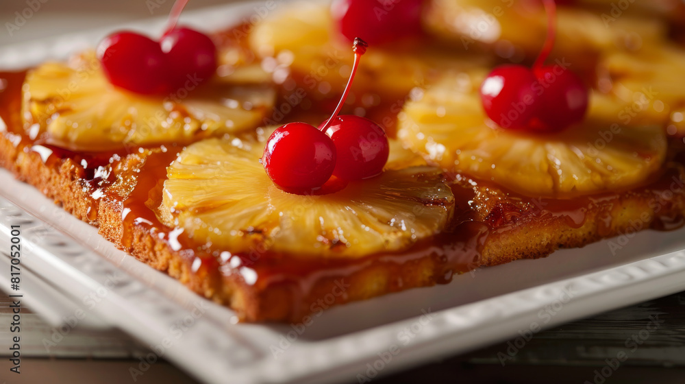 A dessert with pineapple slices and cherries on top A dessert with pineapple slices and cherries on top