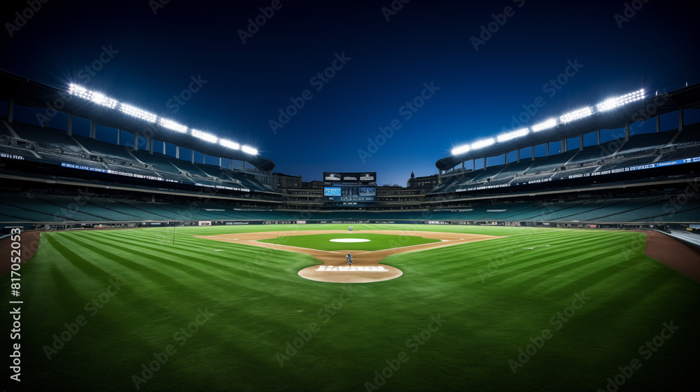 Illuminated Baseball Stadium at Twilight with Empty Seats Illuminated Baseball Stadium at Twilight with Empty Seats