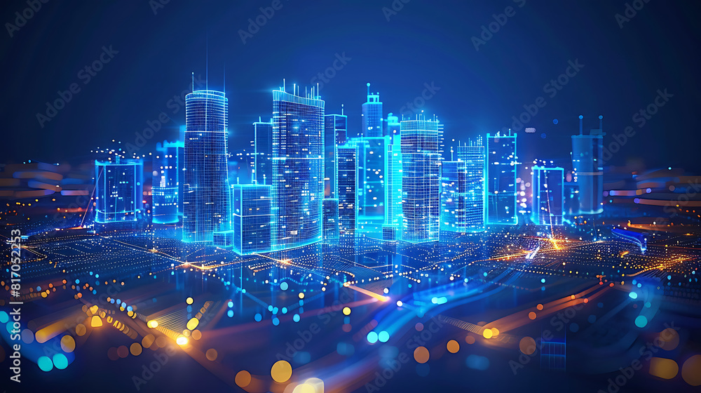 Fototapeta premium Wi-Fi smart city or network. Low poly wireframe. Building Automation with Computer Board Illustration. Wireless smart city or network