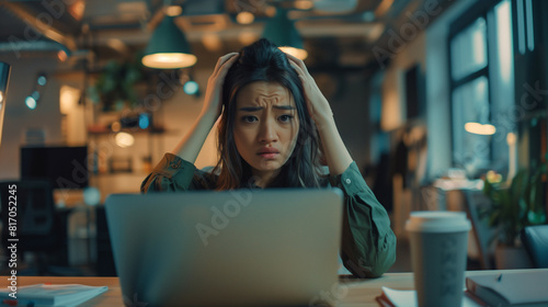 A young woman sits at her desk in front of her laptop, holding her head with both hands and looking very frustrated.