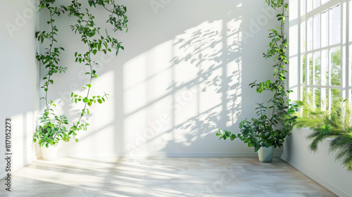 A white room with a large window and plants