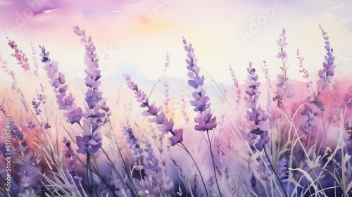 Soft watercolor artwork depicting a field of lavender swaying in the breeze under a pastel sky