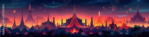Enchanting Aerial View of Wat Phra Kaew at Dusk with Glowing Temple Spires and Vibrant Cityscape